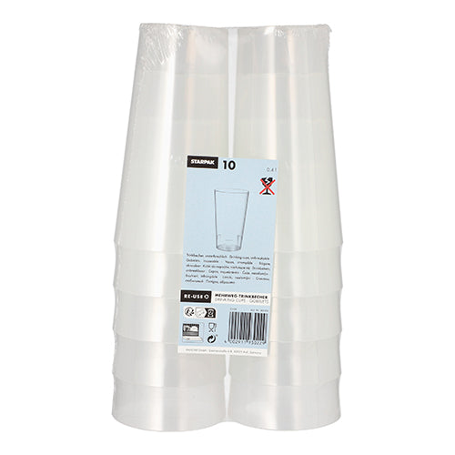 Produkten "Starpak 10 återanvändbar dricksmugg" från märket Starpak visar tio stapelbara, hållbara muggar av klar plast i miljövänlig förpackning med blå-vitt etikett stående arrangerade.