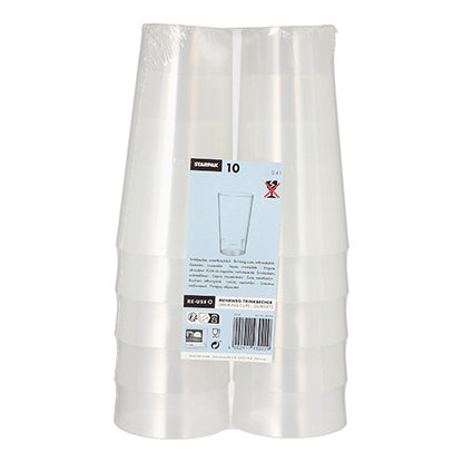 Produkten "Starpak 10 återanvändbar dricksmugg" från märket Starpak visar tio stapelbara, hållbara muggar av klar plast i miljövänlig förpackning med blå-vitt etikett stående arrangerade.