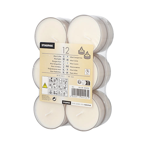 En transparent plastförpackning med 12 Starpak Maxi värmeljus (Ø 55 mm, 20 mm, vit) med cirka 8 timmars brinntid, var och en i en polykarbonathållare. Etiketten visar märke, produktdetaljer, användningssymboler, säkerhetsanvisningar och en streckkod.