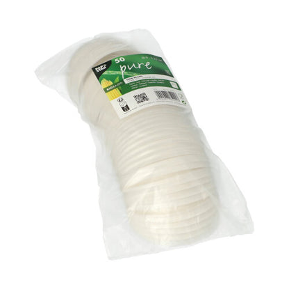 En stapel av 50 vita PAPSTAR C-PLA-runda lock (2,1 cm höga) från PAPSTAR GmbH, tydligt förpackade med återvinnings- och komposteringssymboler, erbjuder en miljövänlig, biologiskt nedbrytbar lösning.