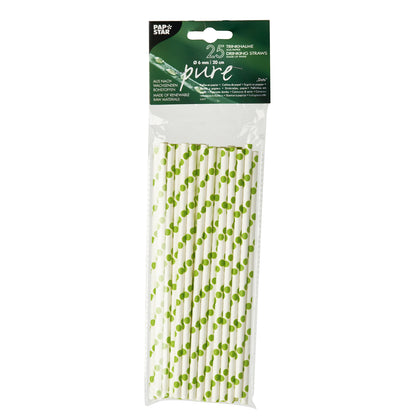 En plastförpackning innehåller 25 PAPSTAR papperssugrör (Ø 6 mm, 20 cm) i svart-vit randig design. Den övre etiketten bär märket från PAPSTAR GmbH och påpekar den miljövänliga tillverkningen från förnybara resurser.