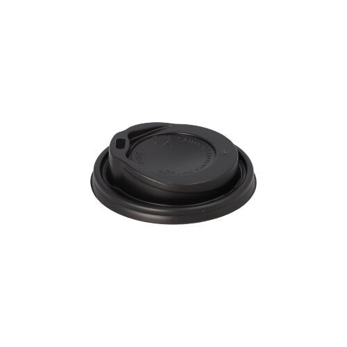 Ett svart Starpak 100 dom-lock PS "To Go" runt kaffemuggslock av plast med drickpip, designad för varma drycker på språng, avbildad ovanifrån mot vit bakgrund.