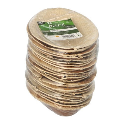 En förpackning med 25 ovala PAPSTAR palmbladsskålar "pure" (20x12,5 cm), miljövänliga och biologiskt nedbrytbara, från PAPSTAR GmbH, i krympfilm med grön-vit etikett.