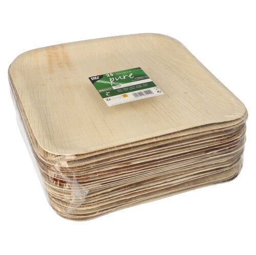 Ett paket med 25 kvadratiska beige PAPSTAR tallrikar "pure" av palmblad från PAPSTAR GmbH, hållbart förpackade – idealiska som miljövänliga tallrikar för speciella tillfällen.