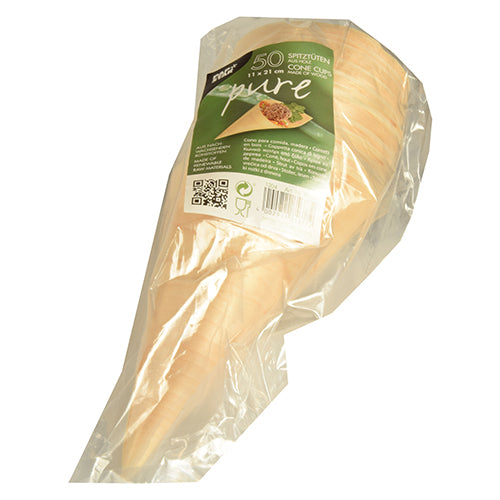 I en genomskinlig förpackning finns 50 stora "pure" trästrutar för fingerfood från PAPSTAR GmbH, med grön-vit etikett på framsidan med produktdetaljer och streckkod.