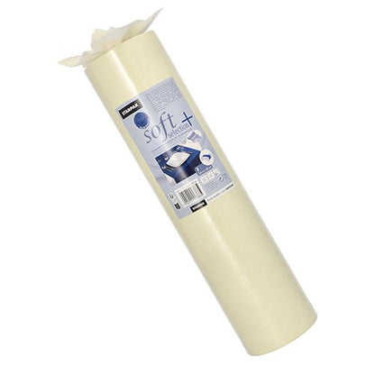 En rulle Starpak bordsduk, tyg-liknande av fleece "soft selection plus" (24 m x 40 cm), i ljusgul med blå etikett - idealisk för daglig rengöring eller speciella tillfällen, som avbildat på förpackningen.