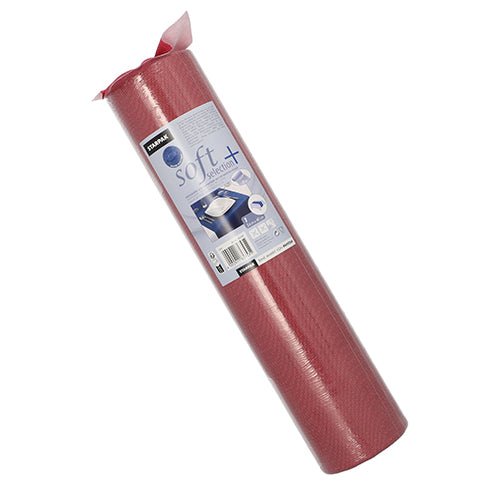 En upprullad röd Starpak-bordsduk av tyg-liknande fleece "Soft Selection Plus" (24 m x 40 cm) med produktetikett, perfekt som en praktisk bordsduk för speciella tillfällen.