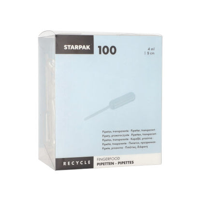 Starpak 100 pipetter, PE transparent från Starpak är en genomskinlig låda med 4 ml polyetylenpipetter för fingerfood, med återvinningsinstruktioner och flerspråkig information om 'pipetter' och vätskedosering.