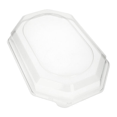Starpak 10-locket för serveringsbrickor, PET transparent, är ett ovalt, genomskinligt plastlock med upphöjd kant från Starpak. Det är idealiskt för att hålla mat fräsch i passande behållare och är avbildat mot en vit bakgrund.
