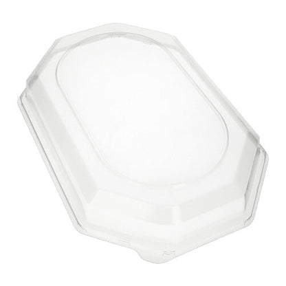 Starpak 10-locket för serveringsbrickor, PET transparent, är ett ovalt, genomskinligt plastlock med upphöjd kant från Starpak. Det är idealiskt för att hålla mat fräsch i passande behållare och är avbildat mot en vit bakgrund.