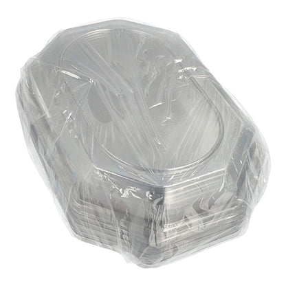 En stapel Starpak 10-locket för serveringsbrickor, tillverkade av transparent PET-plast, idealisk för att hålla mat fräsch.
