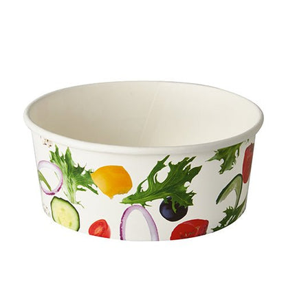 Starpak 45 salladsskålar, papper "To Go" Ø 15 cm "Sallad", är vita pappersskålar med färgglatt grönsaksprint, idealiska som miljövänliga salladsskålar för fräscha och hållbara måltider.