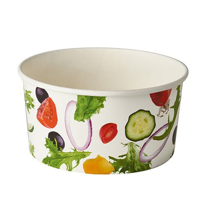 Starpak 45 salladsskålar "To Go" är en vit engångspappersskål med 15 cm diameter, med bilder av tomater, gurkor, rödlök, sallad och oliver tryckta på utsidan.