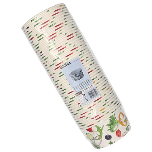 En stapel med 45 Starpak "To Go"-salladsskålar av kartong, 15 cm i diameter, med grönsaks- och örtmotiv, insvept i plast med streckkod, produktetikett och bruksanvisning.