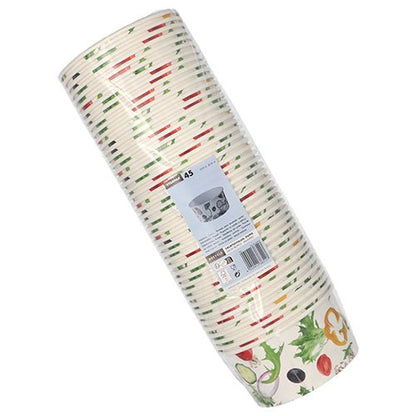 En stapel med 45 Starpak "To Go"-salladsskålar av kartong, 15 cm i diameter, med grönsaks- och örtmotiv, insvept i plast med streckkod, produktetikett och bruksanvisning.