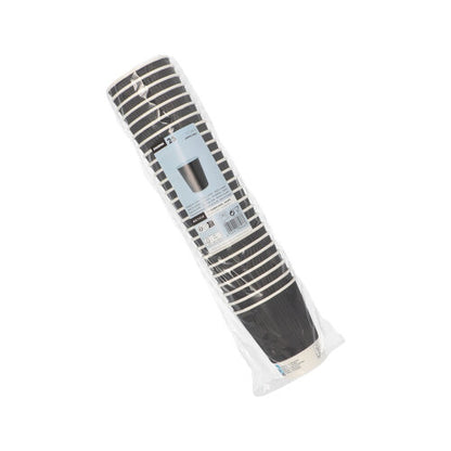 En förseglad plastförpackning med 25 Starpak-drickbägare "To Go" Ripple Wall-engångsbägare av svart papper med vit kant visar produktinformation och en bild av bägare på framsidan.