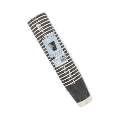 En förpackning med 25 svarta Starpak "To Go" Ripple Wall pappersmuggar med vita ränder, insvept i plastfolie. Den blå etiketten visar varumärket Starpak och framhäver dessa stilfulla engångsdrickbägare mot en vit bakgrund.