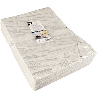 Ett förseglat paket PAPSTAR 5 omslagspapper „Newsprint“ (3 cm x 2 cm) från PAPSTAR GmbH har en produktetikett med text och bilder; tillverkade av högkvalitativt material, är de enkla vita arken idealiska för att packa eller skydda föremål vid packning.