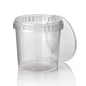 En transparent, rund Starpak 30 delikatessbägare (770 ml, Ø 11,8 cm) med originalförslutning är lätt öppnad på vit bakgrund, med en diskret spegling under. Innehåll: 30 livsmedelssäkra PP-bägare med krympfolie.