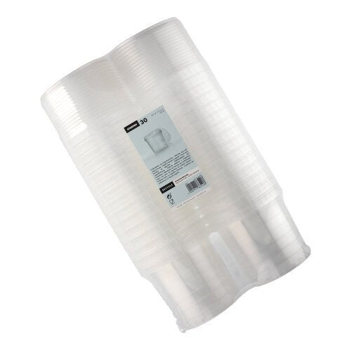 Ett paket med 30 transparenta Starpak engångsbägare 770 ml (Ø 11,8 cm, H 11,3 cm, PP) med originalförslutning, insvept i krympfolie och märkt med produktinformation och streckkod.