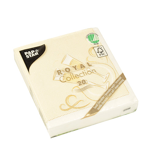 En förpackning med 20 PAPSTAR servetter "ROYAL Collection" 1/4-vikning, krämfärgade, 25x25 cm, FSC-certifierade med gulddesign på förpackningen, från PAPSTAR GmbH.