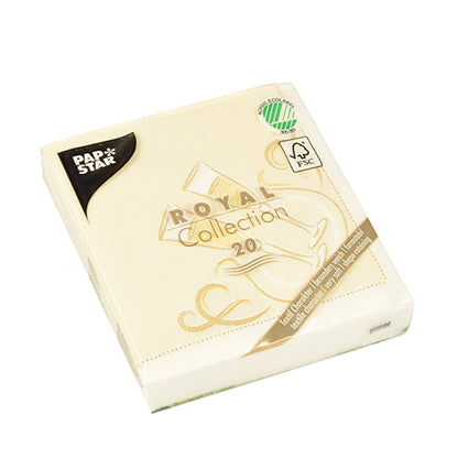 En förpackning med 20 PAPSTAR servetter "ROYAL Collection" 1/4-vikning, krämfärgade, 25x25 cm, FSC-certifierade med gulddesign på förpackningen, från PAPSTAR GmbH.