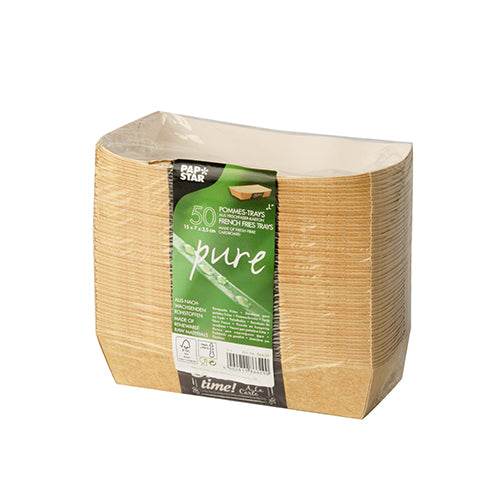 Ein Stapel von 50 PAPSTAR „pure“ Good Food Pommes-Frites-Schalen (3,5 x 7 cm) der PAPSTAR GmbH ist in Folie eingewickelt und mit einem Etikett versehen, auf dem Marke, Produktdetails, Abmessungen und Umweltsymbole zu sehen sind.