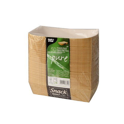 Eine versiegelte Packung mit 50 rechteckigen braunen Pommes-Frites-Schalen „pure“ „Good Food“ der PAPSTAR GmbH, 3,5 x 7 cm, mit Umweltkennzeichnung und Produktinfo.