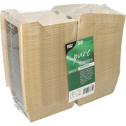 En stapel av 50 rektangulära bruna PAPSTAR "pure" burgerlådor från PAPSTAR GmbH, idealisk som hållbar förpackning, är förpackad i klar plast med en grön etikett med produkt- och återvinningsinformation.