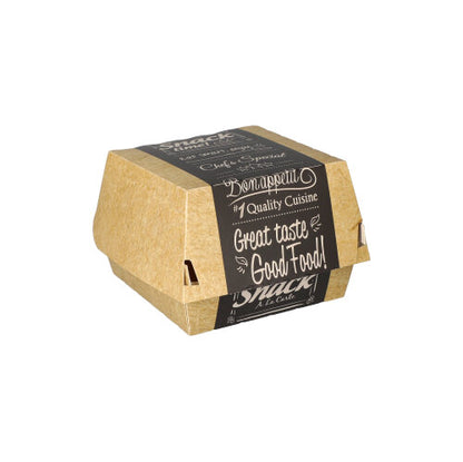 En stängd brun PAPSTAR 50 burgerlådor av kartong "pure" Good Food från PAPSTAR GmbH, med svart etikett med "Guten Appetit! Kvalitetskök, god smak Good Food! Snack", står mitt på vit bakgrund.