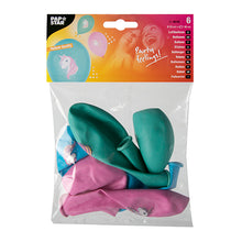 En transparent plastförpackning med sex färgglada ballonger (Ø 29 cm) från PAPSTAR GmbH med enhörningstryck. Den övre etiketten visar „PAPSTAR“ samt bilder av ballonger och leende människor. Finns i blått, grönt och rosa.