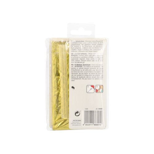 En räddningsfilt förpackad i en genomskinlig plastpåse med synlig guldfolie, som påminner om skimmer från ett folieballong-set "Happy Birthday" från PAPSTAR GmbH, har på baksidan av förpackningen en bruksanvisning och en streckkod.