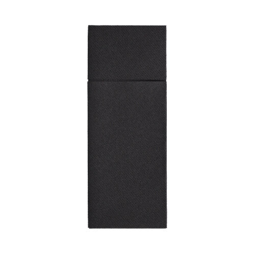Eine rechteckige schwarze Starpak 480 Bestecktaschen-Box mit separatem Deckel, vertikal auf weißem Hintergrund präsentiert. Ideal für die hygienische Präsentation von Airlaid-Bestecktaschen (40 x 33 cm) mit Besteckfalz.
