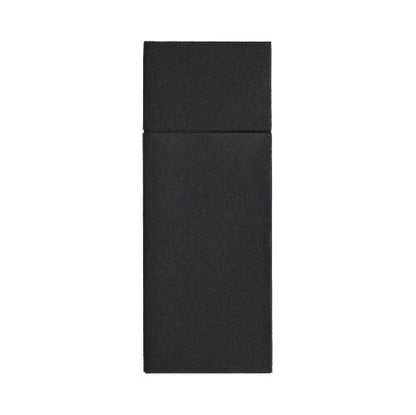Eine rechteckige schwarze Starpak 480 Bestecktaschen-Box mit separatem Deckel, vertikal auf weißem Hintergrund präsentiert. Ideal für die hygienische Präsentation von Airlaid-Bestecktaschen (40 x 33 cm) mit Besteckfalz.
