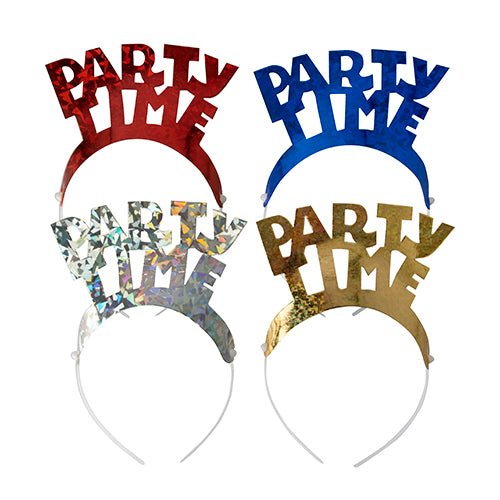 De PAPSTAR 4 hårband färgsorterade "Metallic" från PAPSTAR GmbH består av plast-hårband med texten "PARTY TIME" i feta bokstäver, var och en i metalliskt glänsande rött, blått, silver eller guld - perfekt för fester.