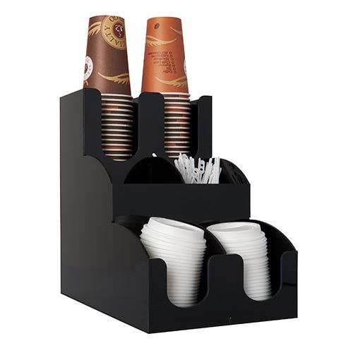 Starpak-dispensern för dricksglas och lock "To Go" (2 kartonger) är en svart bänkskiveorganisatör som rymmer bruna papperskoppar, vita plastlock och kaffeskedar i separata fack.