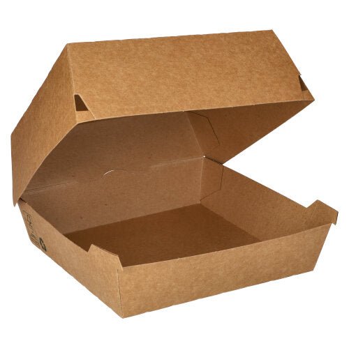 Den avbildade, öppna PAPSTAR Burgerlådan av brunt kartongpapper (9x18,5x18,5 cm) är tom och tillverkad av oblekt kraftpapper. Förpackningsenhet: 25 stycken, ”100 % Fair”, tillverkad av PAPSTAR GmbH.