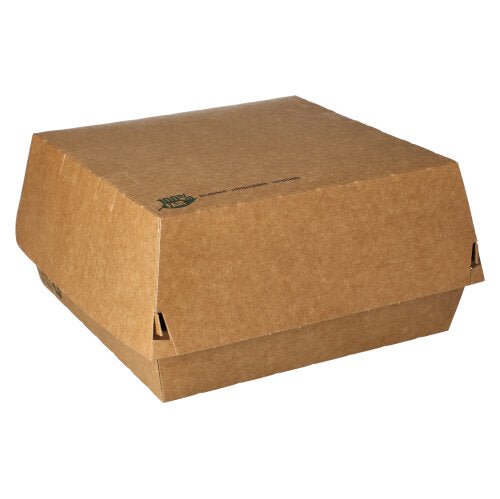 Den PAPSTAR Hamburgerlådor av brunt kartongpapper (9x18,5x18,5 cm), ”100 % Fair”, 25 stycken – praktiska och miljövänliga från PAPSTAR GmbH – med fällbart lock på vit bakgrund, perfekt för takeaway.