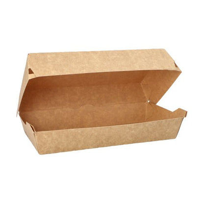 De PAPSTAR baguettelådorna "pure" av oblekt kraftpapper är bruna, rektangulära (7,5x10,7x22 cm) och visar öppet sitt tomma inre. Lådorna från PAPSTAR GmbH kommer i 25-pack - 100% Rättvist | Folie.