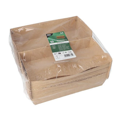 En stapel bruna PAPSTAR baguettelådor "pure" (7,5 x 10,7 x 22 cm) från PAPSTAR GmbH är förpackade i klar plast; den övre etiketten för 25 skålar visar en grön-vit branding, återvinningssymboler och det miljövänliga budskapet "100% Rättvist | Folie".