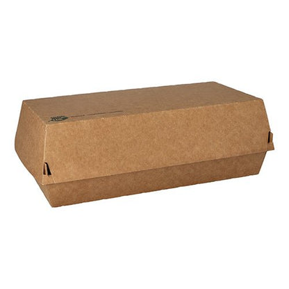En stängd, rektangulär PAPSTAR baguettelåda "pure", brun (7,5x10,7x22 cm) av miljövänligt kartong med lock från PAPSTAR GmbH ligger på vit bakgrund.