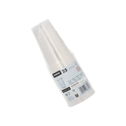 En stapel med 25 Starpak drickbägare (0,2l, PP, Ø 7,03cm · 9,9cm) i genomskinlig plastförpackning med etikett och återvinningsinfo, avbildad på vit bakgrund – idealisk för resan.