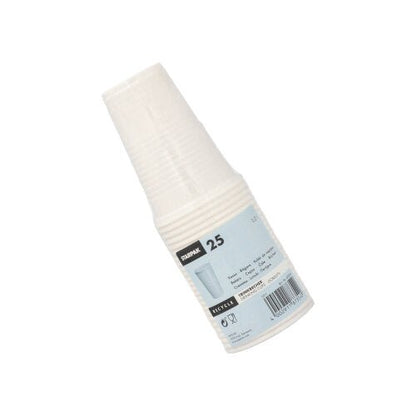 Ett paket med 25 Starpak drickbägare (PP, 0,2 l, Ø 7,03 cm x 9,9 cm) av genomskinlig plast med blå-vit etikett och streckkod, idealisk för resan, avbildad på en enkel vit bakgrund.