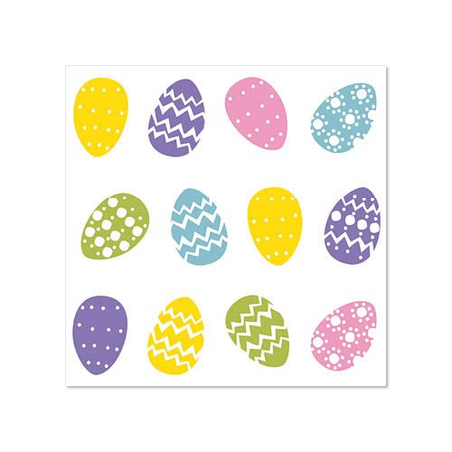 Die PAPSTAR GmbH servetter "Bunte Eier" (25x25 cm, 50 stycken) visar ett rutnät av tolv färgglada påskägg i gult, lila, blått och rosa med prickar eller sicksackmönster på vit bakgrund - perfekt för påsken.