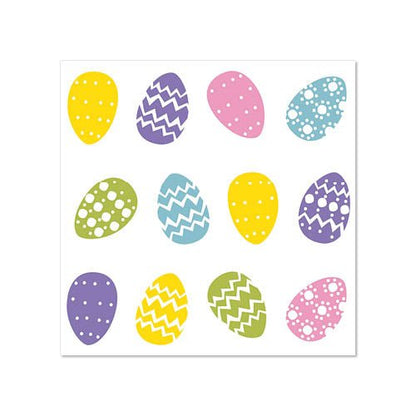 Die PAPSTAR GmbH servetter "Bunte Eier" (25x25 cm, 50 stycken) visar ett rutnät av tolv färgglada påskägg i gult, lila, blått och rosa med prickar eller sicksackmönster på vit bakgrund - perfekt för påsken.