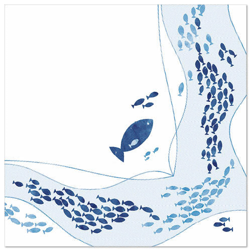 Eine stilisierte Illustration von kleinen und großen blauen Fischen auf Weiß ziert die PAPSTAR 50 Servietten "ROYAL Collection" 1/4-Falz 40 x 40 cm Design by PAPSTAR GmbH.
