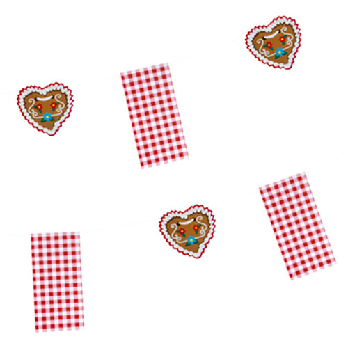 Die PAPSTAR Flaggenkette Papier "Hüttengaudi" (4 m) der PAPSTAR GmbH ist eine festliche Partydekoration mit rot-weiß karierten Fahnen und herzförmigen Lebkuchenmotiven, die mit weißem und blauem Zuckerguss verziert sind. Der Hintergrund ist einfarbig weiß.