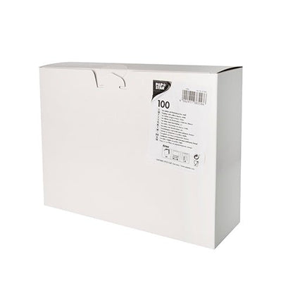 Starpak 100 bestickfickor Airlaid (40 x 48 cm, med bestickveck) levereras i en rektangulär vit låda med enkelt lock, två hål upptill, en '100'-etikett på framsidan, en streckkod och skötselråd – idealisk för bordsdekoration.