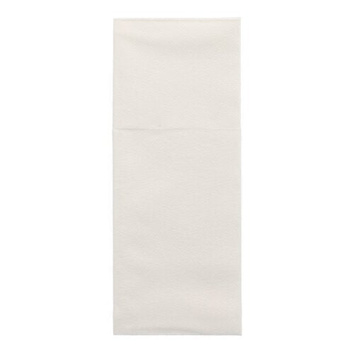 Starpak 100 bestickfickor, Airlaid 40 cm x 48 cm med bestickveck, är snyggt vikta och presenteras mot en enkel vit bakgrund – idealisk för en elegant bordsdekoration.