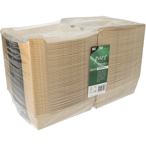 En stapel av 50 PAPSTAR "pure" burgerlådor från PAPSTAR GmbH, av kartong, i klar plastfolie med grön etikett - den miljövänliga hamburgerlådan för hållbar förpackning.